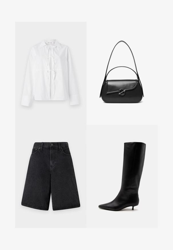 Chemise blanche à manches longues en tissu lisse, dotée d'un col à bouton, d'une fermeture à nœud à l'avant et de manches à revers. Design simple et épuré.; Shorts en denim noir à coupe décontractée, avec une taille haute, un design à cinq poches et une fermeture à bouton à l'avant.; Botte noire en cuir jusqu'au genou avec bout pointu et petit talon kitten sur un fond clair uni.; Sac à bandoulière en cuir noir avec un rabat incurvé fermé par un fermoir métallique rond et une sangle fine et ajustable.