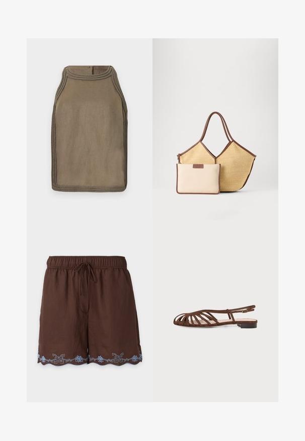 Top sans manches en lin vert olive avec bordure tressée le long de l'encolure, des emmanchures et de l'ourlet, fermeture par un bouton au col arrière.; Short marron à taille élastique avec cordon et motif floral brodé bleu clair le long de l'ourlet festonné.; Sandale plate marron avec plusieurs fines lanières et une petite boucle à la cheville sur un fond clair.; Sac fourre-tout tissé beige avec garniture marron et anses, accompagné d'une petite pochette beige avec bords marron et fermeture éclair.