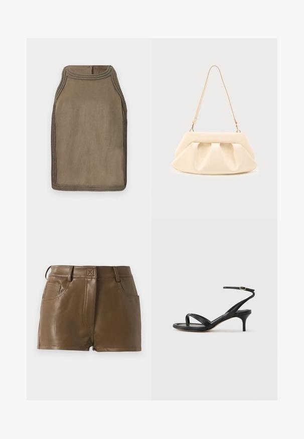 Top sans manches en lin vert olive avec bordure tressée le long de l'encolure, des emmanchures et de l'ourlet, fermeture par un bouton au col arrière.; Shorts en faux cuir marron au design ajusté, avec une taille à passants de ceinture, des poches avant et des détails de couture visibles.; Sandale pour femme en cuir noir avec fines lanières, une boucle d'orteil, une boucle à la cheville et un talon aiguille de hauteur moyenne sur un fond neutre.; Sac à main en cuir couleur crème avec des plis froncés, des ferrures dorées, et une seule bandoulière fine sur un fond uni.