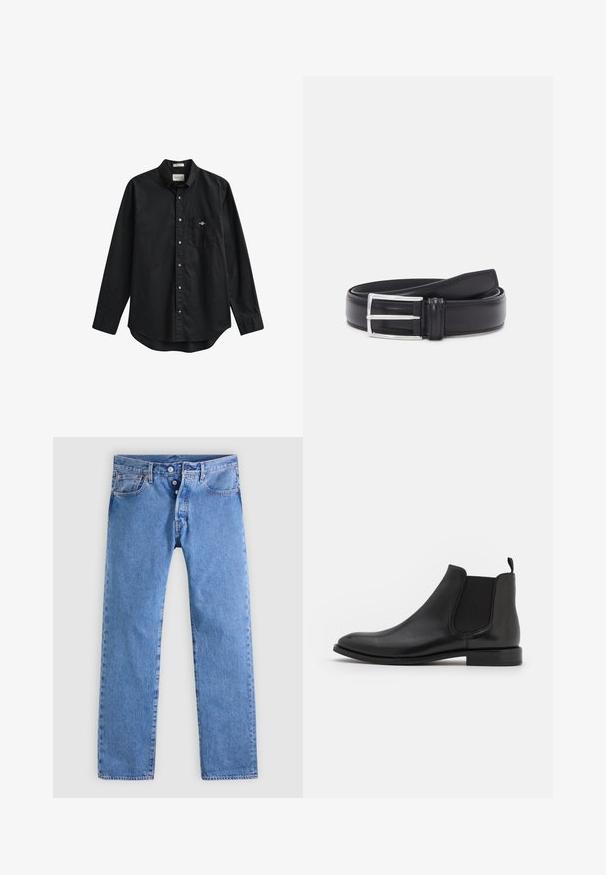 Chemise noire à manches longues avec boutons, col et poche poitrine comportant un petit logo brodé sur la poche.; Jean en denim bleu clair avec une coupe droite, cinq poches et une braguette à deux boutons. Présente un léger délavage et des coutures contrastées.; Bottine Chelsea en cuir noir avec des panneaux latéraux élastiques, un bout arrondi et un petit talon. Texture lisse avec un design minimaliste.; Ceinture en cuir noir avec une texture lisse, dotée d'une boucle en métal argenté et d'un design classique. La ceinture est soigneusement enroulée.