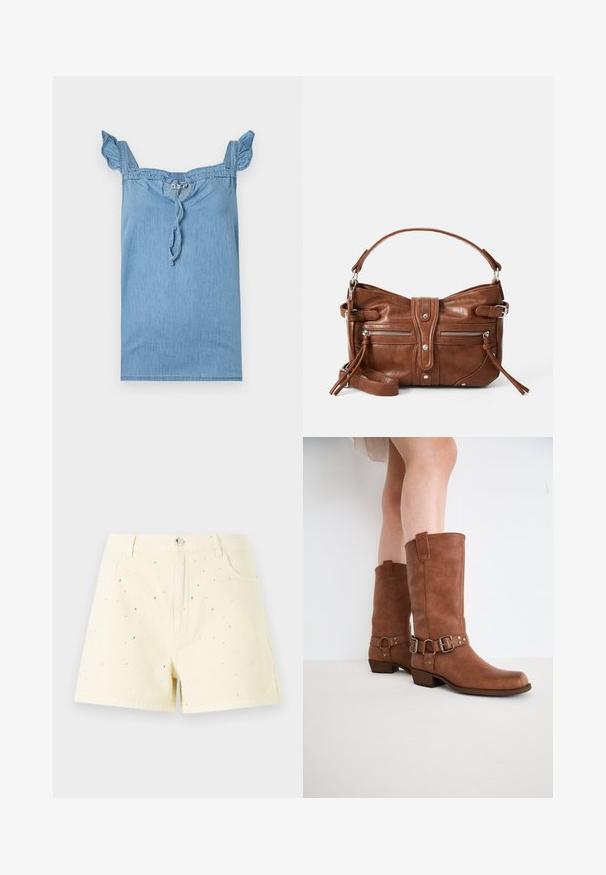 Haut en denim bleu clair avec des bretelles à volants, un col froncé et un lien à tirer à l'avant. Texture lisse, design décontracté.; Shorts en denim jaunes avec une taille haute et une coupe décontractée, ornés de petits clous en argent éparpillés sur le devant pour un effet de détail.; Bottines en cuir marron avec un bout légèrement pointu, des boucles décoratives et un talon bas empilé. Texture lisse avec une finition mate.; Sac à main en cuir marron, de forme arrondie, avec deux poches zippées à l'avant et une bandoulière amovible. Il présente des éléments en métal argenté et des coutures.
