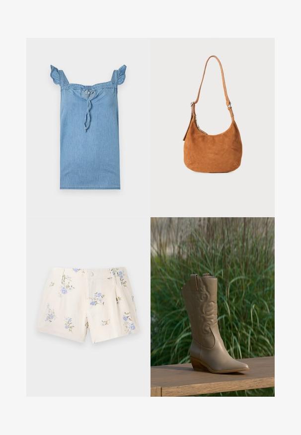 Lysblå denimtop med flæser på skulderstropperne, en samlet halsudskæring og en snoretræk foran. Glat tekstur, afslappet design.; Blomstrede shorts lavet af let stof, med en cremefarvet bund og blå samt grønne blomstermønstre, to forlommer og en knaplukning.; Tan læder cowboystøvle med broderet design og træhæl placeret på en træoverflade mod en baggrund af grønne planter.; Tan ruskinds skuldertaske med buet design, justerbar rem, metallynlås og præget logo-detail på forsiden.