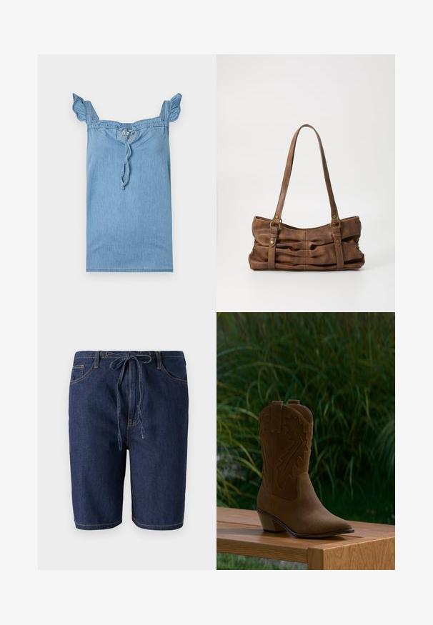 Haut en denim bleu clair avec des bretelles à volants, un col froncé et un lien à tirer à l'avant. Texture lisse, design décontracté.; Shorts en denim bleu foncé avec taille à cordon de serrage, cinq poches et coutures contrastées. Longueur mi-cuisse et texture lisse.; Botte de cow-boy en daim marron avec coutures décoratives, bout pointu et talon bas incliné, exposée sur un banc en bois en extérieur.; Even&Odd by Zalando Sac à main - brown