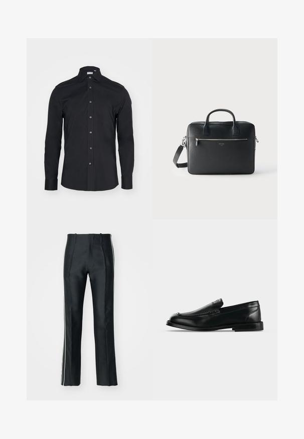 Schwarze Langarm-Button-Up-Bluse mit klassischem Kragen. Hergestellt aus glattem Stoff, verfügt über Vorderknöpfe und abgerundete Manschetten.; Schwarze Satin-Hosen mit tailliertem Schnitt, ausgestattet mit weißen Seitenstreifen. Design mit weitem Bein und Vorderfalten für zusätzlichen Detail.; Schwarzer Leder-Loafer mit niedrigem Absatz, abgerundeter Zehenform und Ziernähten entlang des oberen Randes.; Schwarze rechteckige Lederaktentasche mit zwei Griffen, frontaler Reißverschlusstasche und abnehmbarem Schulterriemen vor schlichtem hellem Hintergrund.