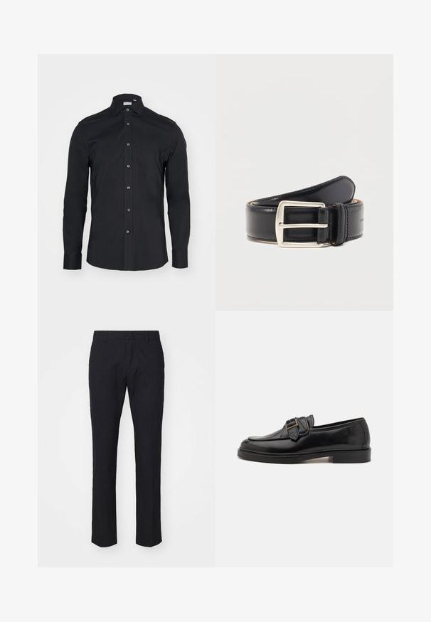 Schwarze Langarm-Button-Up-Bluse mit klassischem Kragen. Hergestellt aus glattem Stoff, verfügt über Vorderknöpfe und abgerundete Manschetten.; Marineblaues Hosen im maßgeschneiderten Schnitt, hergestellt aus glattem Stoff. Mit flachem Frontschnitt, Gürtelschlaufen und geraden Beinen mit einem sauberen Saum.; Schwarze Leder-Lederschuhe mit abgerundeter Zehenpartie und dekorativem Schnallenakzent. Flacher, solider Absatz und durchgehend glatte Oberfläche.; Schwarzer Ledergürtel, zusammengerollt mit einer silbernen rechteckigen Metallschnalle und sichtbaren Nähten entlang der Kanten.