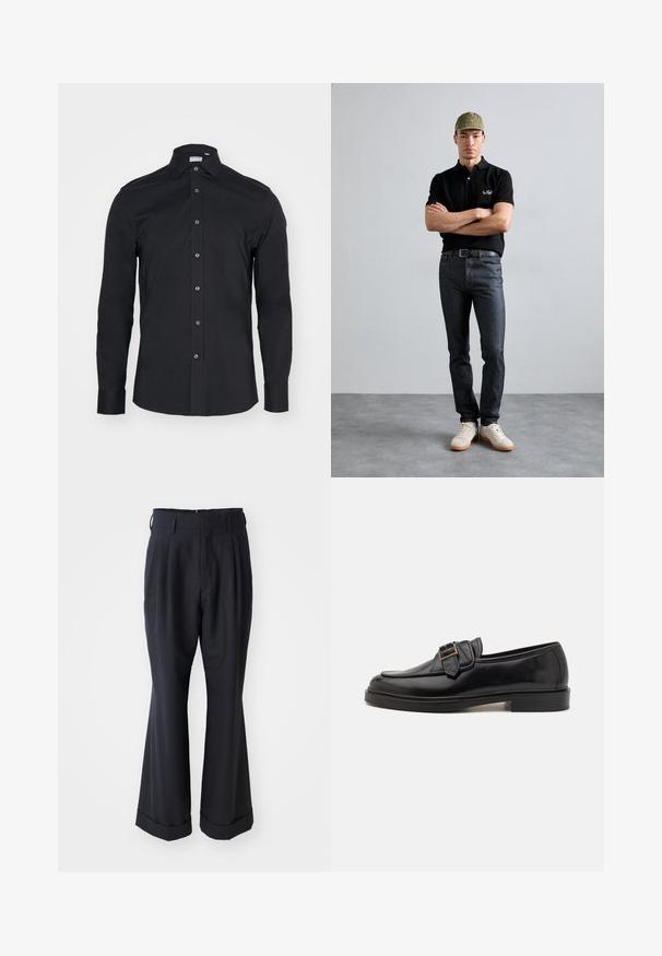 Schwarze Langarm-Button-Up-Bluse mit klassischem Kragen. Hergestellt aus glattem Stoff, verfügt über Vorderknöpfe und abgerundete Manschetten.; Schwarze, maßgeschneiderte Hosen mit lockerer Passform, gefaltetem Vorderteil und weitem Bein. Mit einem umgeschlagenen Saum und glattem Stoffgefühl.; Schwarze Leder-Lederschuhe mit abgerundeter Zehenpartie und dekorativem Schnallenakzent. Flacher, solider Absatz und durchgehend glatte Oberfläche.; Schwarzes Polohemd mit goldenem Logo, dunkle Jeans und helle Schuhe. Olivgrüne Mütze mit Logo. Das Modell steht mit verschränkten Armen vor einem strukturierten Hintergrund.