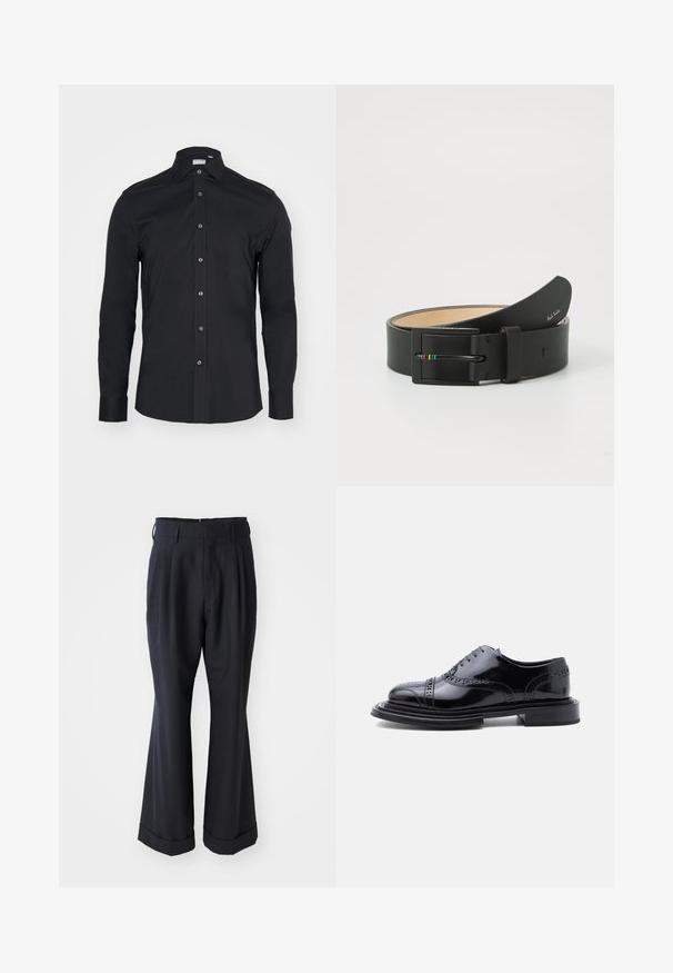 Schwarze Langarm-Button-Up-Bluse mit klassischem Kragen. Hergestellt aus glattem Stoff, verfügt über Vorderknöpfe und abgerundete Manschetten.; Schwarze, maßgeschneiderte Hosen mit lockerer Passform, gefaltetem Vorderteil und weitem Bein. Mit einem umgeschlagenen Saum und glattem Stoffgefühl.; Schwarzer, polierter Leder-Brogue-Herrenschuh mit Flügelspitzen-Perforation und gestapeltem Absatz, seitlich auf weißem Hintergrund gezeigt.; Paul Smith MEN BELT STRIPE BUCKLE - Gürtel - black
