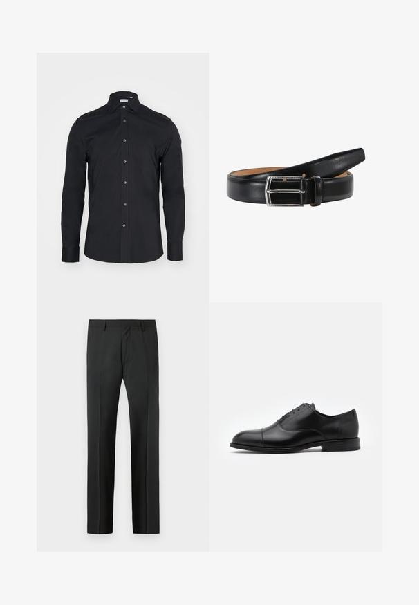 Schwarze Langarm-Button-Up-Bluse mit klassischem Kragen. Hergestellt aus glattem Stoff, verfügt über Vorderknöpfe und abgerundete Manschetten.; Schwarze, maßgeschneiderte Anzughose mit Gürtelschlaufen und Bügelfalte, vor einem hellgrauen Hintergrund präsentiert.; Schwarze Leder-Richterschuhe mit abgerundetem Zehenbereich, Schnürdesign und dezenten Stichdetails. Verfügt über einen niedrigen Absatz und eine glatte Textur.; Schwarzer Leder Gürtel mit glatter Textur, ausgestattet mit einer silbernen rechteckigen Schnalle und einem hellbraunen Innenfutter. Das Ende ist abgerundet für einen eleganten Look.