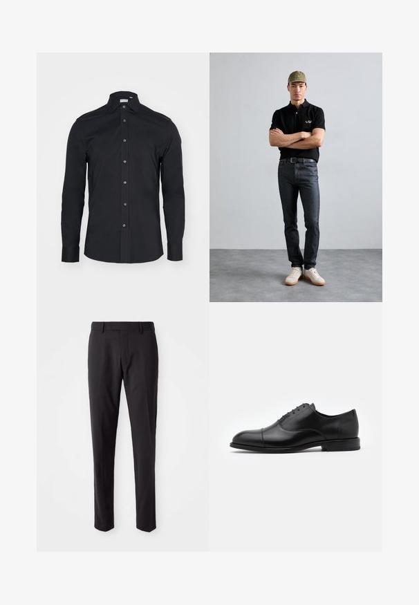 Sort langærmet skjorte med knapper og klassisk krave. Lavet af glat stof, har frontknapper og rundede manchetter.; Sorte skræddersyede bukser med flad front, slim fit, bæltestropper og en glat tekstur. Velegnet til formelt eller forretningsmæssigt tøj.; Sorte læderdress sko med rund tå, snørebåndsdesign og diskrete syninger. Har en lav hæl og glat tekstur.; Sort polo-shirt med guld logo, mørke denim jeans og lyse sko. Olivengrøn kasket med logo. Modellen står med armene over kors mod en struktureret baggrund.