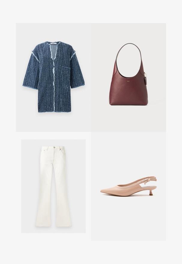 Veste courte à manches courtes, en bleu foncé texturé, avec un décolleté en V, des bords effilochés, une poche avant et une coupe ample. Conçue avec un devant ouvert.; Jean blanc taille haute avec fermeture bouton et zip, poches avant et jambes larges évasées sur un fond uni.; Chaussure slingback pointue en cuir verni beige avec petit talon kitten et bride élastique avec un marquage discret.; Sac hobo en cuir bordeaux avec une texture lisse, une large ouverture et une courte poignées. Il présente un logo doré et une étiquette amovible.
