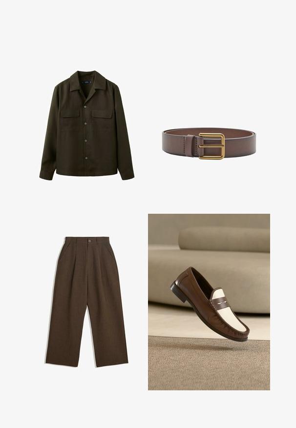 Veste-chemise boutonnée vert olive foncé avec deux poches à rabat à l'avant et un col classique.; Pantalons plissés marron au design large, avec une fermeture à bouton et des poches latérales, en tissu texturé adapté à une tenue décontractée.; Chaussure loafer en cuir marron et blanc flottant au-dessus d'un tapis beige avec un canapé beige flou en arrière-plan.; Ceinture en cuir marron avec une boucle métallique rectangulaire dorée, roulée à plat sur un fond blanc.