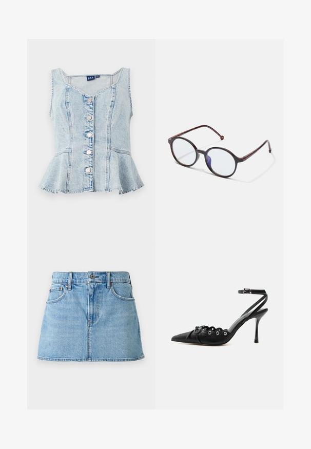 Lichtblauwe denim peplumtop met een ronde halslijn, zes zilveren drukknoopjes en gestikte details overal.; Lichtblauwe denim minirok met knoopsluiting aan de voorkant, riemlussen en voorzakken, weergegeven op een effen achtergrond.; Zwarte pumps met hoge hak en spitse neus, gegolfde randen, metalen oogjes, vetergespsluiting aan de voorzijde en enkelriem met gespsluiting.; Ronde hoornachtige brillen met heldere lenzen en een subtiele blauwe lichtreflectie op een witte achtergrond.