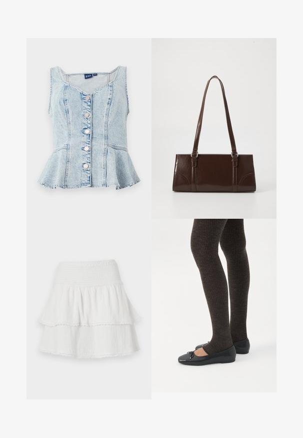Top peplum de mezclilla azul claro con escote en forma de U, seis botones de presión plateados y detalles de costura en todo el diseño.; Minifalda blanca con volantes, cinturilla elástica fruncida y delicado ribete de encaje en el dobladillo de cada volante.; Piernas con leggings oscuros acanalados combinados con bailarinas negras que presentan pequeños detalles de lazo sobre un fondo blanco.; Bolso de mano de piel sintética marrón con forma rectangular, dos asas largas y sutiles acentos curvados en la parte delantera.
