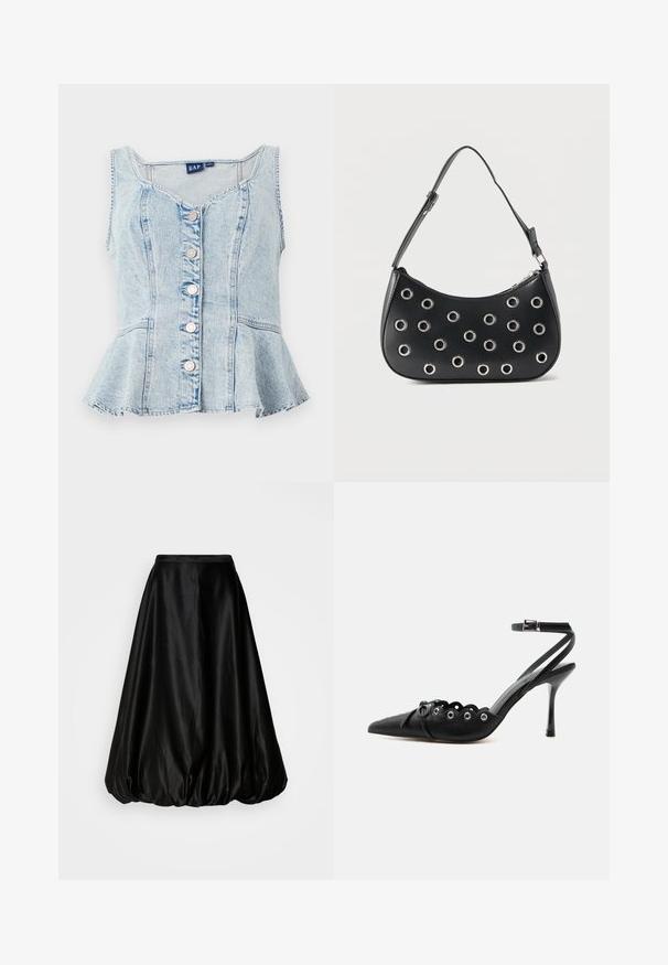 Lyseblå denim peplum-top med scoop neckline, seks sølvfarvede trykknapper og sømdetaljer over hele kroppen.; Sort satin midi-nederdel med en voluminøs, ballonform. Glat tekstur og en tætsiddende talje, designet til en svævende silhuet.; Sort spids hæl med bølgede kanter, metaløjer, snørelukning foran og ankelrem med spænde.; Sort læder skuldertaske med justerbar rem, dekoreret med sølvfarvede metalnitter og lukning med øverste lynlås.