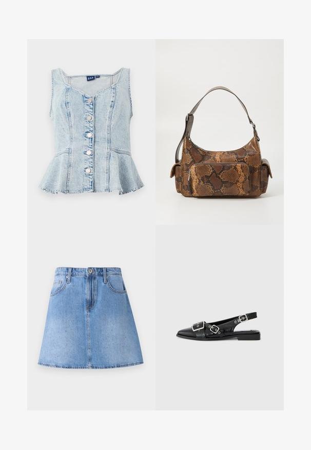 Lyseblå denim peplum-top med scoop neckline, seks sølvfarvede trykknapper og sømdetaljer over hele kroppen.; Lyseblå denim A-line nederdel med forreste knapper, lynlås, bæltestropper, forlommer og subtile glitrende dekorationer.; Sorte læderslingbacksko med spids tå, to sølvspænder og en lav blokhæl. Har en struktureret overdel og åben bag.; Brun slangemønster håndtaske med en tekstureret overflade, et buet design, en enkelt skulderrem og en frontlynlås-lomme.