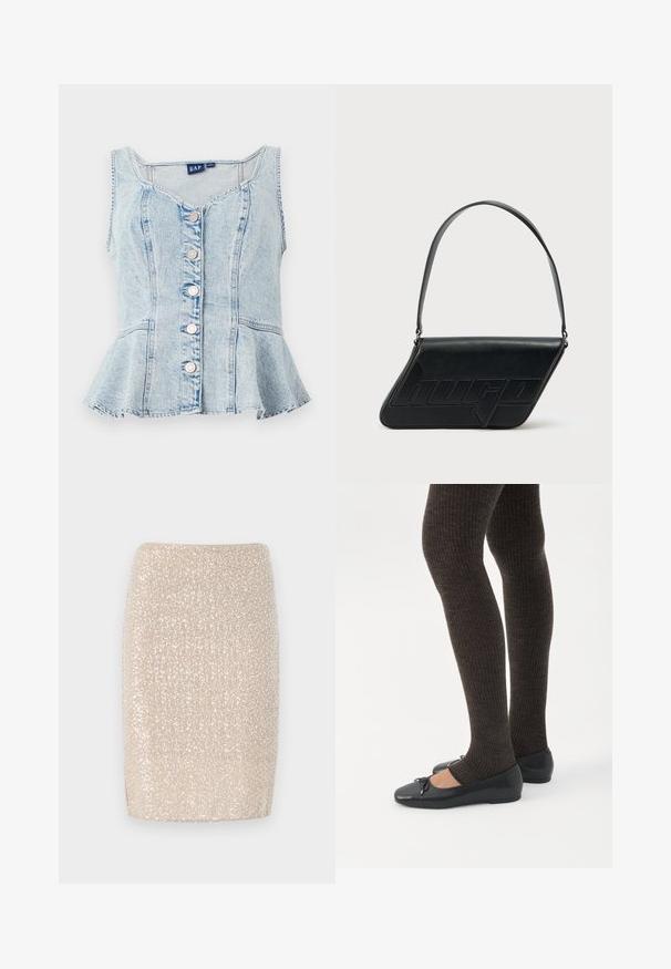 Top peplum de mezclilla azul claro con escote en forma de U, seis botones de presión plateados y detalles de costura en todo el diseño.; Minifalda beige brillante con un diseño ajustado, cubierta de pequeños brillantes reflectantes, textura suave y un dobladillo recto.; Piernas con leggings oscuros acanalados combinados con bailarinas negras que presentan pequeños detalles de lazo sobre un fondo blanco.; Bolso de hombro de cuero negro con forma triangular, logo en relieve y una sola correa ajustable. Diseño minimalista con textura suave.