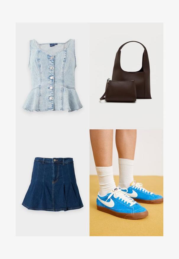 Lyseblå denim peplum-top med scoop neckline, seks sølvfarvede trykknapper og sømdetaljer over hele kroppen.; Jeansnederdel i mørkeblå med plisseret design, fem lommer, frontknaplukning og kontrasterende syninger.; Blå ruskind Nike sneakers med hvide detaljer, flade snørebånd og brune gummisåler, parret med ribbede hvide sokker.; Brun syntetisk håndtaske med et buet håndtag og en glat tekstur. Inkluderer et matchende lille toilettaske med lynlås. Minimalistisk design.