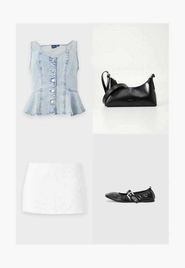 Top peplum de mezclilla azul claro con escote en forma de U, seis botones de presión plateados y detalles de costura en todo el diseño.; Mini falda blanca hecha de una tela suave. Corte recto con un diseño simple, sin patrones ni accesorios visibles, que presenta una estética limpia y minimalista.; Zapato plano de piel negra con puntera afilada, detalle fruncido alrededor de la abertura y un acento de hebilla plateada en la correa ajustable.; Bolso de mano de cuero negro con una textura suave. Cuenta con una correa ajustable y un diseño elegante y minimalista con cierre de cremallera.