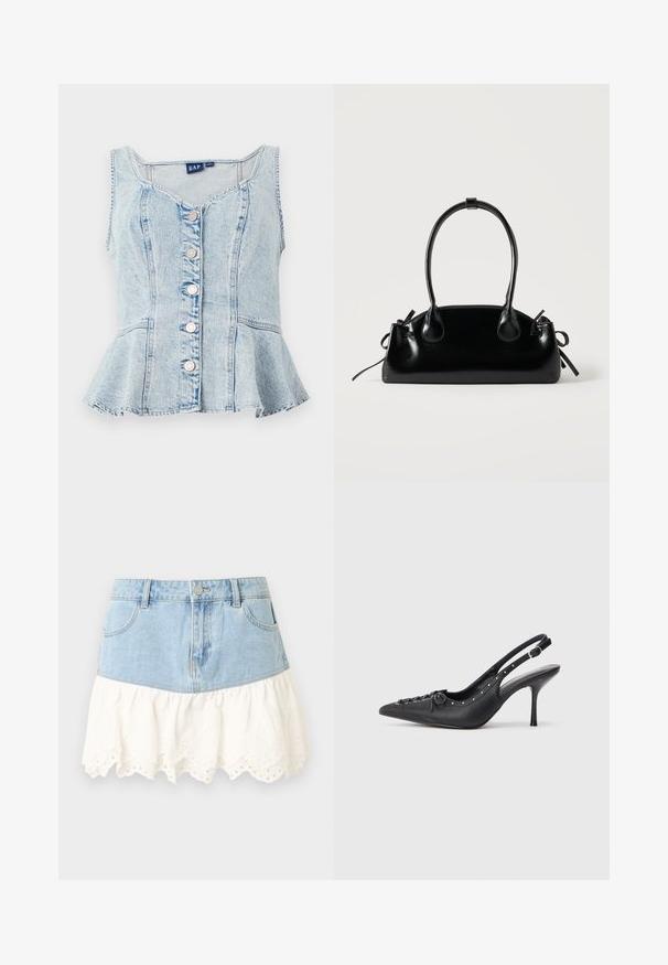 Lyseblå denim peplum-top med scoop neckline, seks sølvfarvede trykknapper og sømdetaljer over hele kroppen.; Denim mininederdel med forlommer og knap, der har en hvid øjlet blonderynke i kanten for et lagdelt udseende.; Sorte læder slingback stiletto med spids tå, side spændebånd, nitter langs kanten og dekorativ snøring foran.; Lille sort blank håndtaske med to lange håndtag og snøre-detaljer i siden på en ensfarvet lys baggrund.
