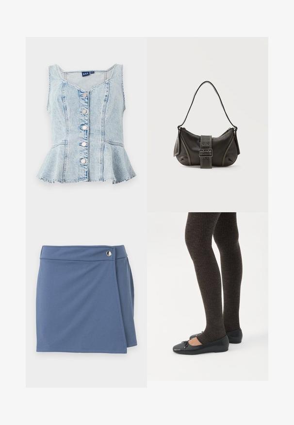 Top peplum en denim bleu clair présentant un col rond, six boutons-pression argentés et des détails en coutures sur l'ensemble.; Jupe bleue style portefeuille avec une taille haute et une fermeture par bouton argenté sur le côté droit, présentée sur un fond blanc.; Jambes portant des leggings côtelés foncés associés à des ballerines noires avec de petits détails en nœud sur fond blanc.; Sac à épaule en cuir noir avec une sangle à boucle, des bords arrondis et des coutures blanches contrastées sur un fond uni.