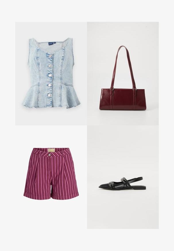 Lichtblauwe denim peplumtop met een ronde halslijn, zes zilveren drukknoopjes en gestikte details overal.; Paarse en roze verticale gestreepte shorts met knoopsluiting en riemlussen, met voorplooien en een JJXX merklabel aan de binnenkant van de tailleband.; Even&Odd by Zalando Slingback ballerina´s - black; Bourgondische handtas van glanzend materiaal, rechthoekige vorm, met twee schouderbanden en subtiele gebogen accenten aan de voorkant.