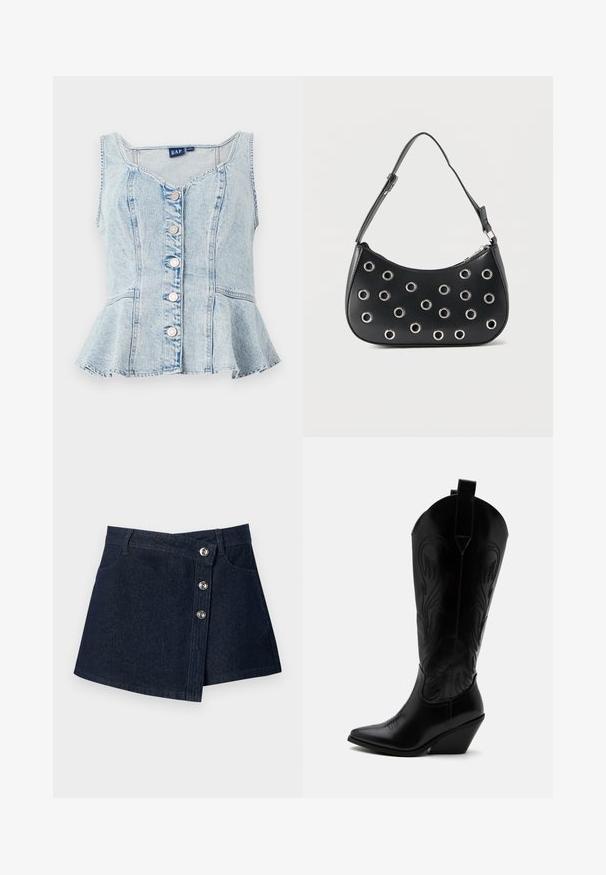 Top peplum de mezclilla azul claro con escote en forma de U, seis botones de presión plateados y detalles de costura en todo el diseño.; Minifalda de mezclilla azul oscuro con parte delantera asimétrica, cierres de botones plateados, trabillas para cinturón y bolsillos delanteros sobre fondo liso.; Bota de vaquero de cuero negro con punta puntiaguda, tacón bloqueado inclinado, costuras decorativas y lengüetas en la parte superior sobre fondo blanco.; Bolso de hombro de cuero negro con correa ajustable, adornos de ojales metálicos plateados y cierre superior con cremallera.