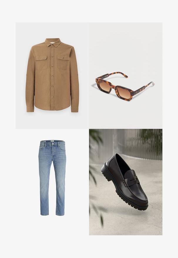 Chemise marron à manches longues avec boutons, col et deux poches poitrine devant, présentée sur un fond gris clair uni.; Jean en denim bleu clair pour homme avec un design classique à cinq poches, fermeture à bouton et coupe droite.; Mocassins en cuir marron avec une semelle en caoutchouc texturée et striée. Présente un design épuré et une sangle décorative sur le cou-de-pied.; Lunettes de soleil rectangulaires à motif écaille de tortue avec des verres dégradés marron, reposant sur une surface claire.