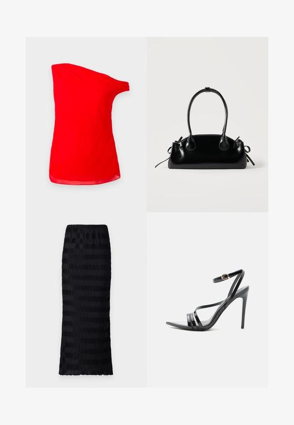 Blouse sans manches rouge vif à une épaule avec un décolleté drapé et un design asymétrique sur fond uni.; Jupe noire longueur genoux avec un design plissé texturé. Taille élastique, tissu lisse avec des rayures alternées mates et brillantes.; Sandale noire à talon haut avec de fines brides sur les orteils et la cheville, avec une boucle dorée sur un talon aiguille élancé.; Petit sac à main noir brillant avec deux longues anses et des détails à cordon sur les côtés sur un fond clair uni.
