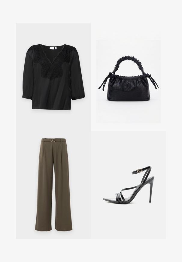 Blouse noire avec un col en V, ornée de délicates dentelles noires au niveau du col et de manches trois quarts avec des poignets élastiques.; Pantalon large en tissu vert olive foncé, doté d'une taille ceinturée avec une boucle circulaire dorée et de plis à l'avant pour plus de détails.; Sandale noire à talon haut avec de fines brides sur les orteils et la cheville, avec une boucle dorée sur un talon aiguille élancé.; Sac à main noir avec texture crocodile, bord supérieur froncé, poignée plissée et pompons à cordon de chaque côté sur fond blanc.