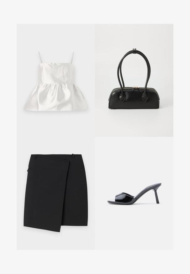 Top de satén blanco con tirantes finos y un corsé ajustado que se ensancha en un dobladillo de peplum fruncido, textura suave con un ligero brillo.; Falda envolvente negra con una textura lisa, que cuenta con un cierre lateral de cremallera y dos presillas para cinturón. Diseño sencillo sin patrones o acentos visibles.; Sandalias de tacón con punta abierta de charol negro, con un diseño superior curvado y tacón de aguja cónico. Acabado liso y brillante.; Bolso de mano de cuero negro con dos asas alargadas, cierre de cremallera y forma redondeada; textura suave con un acabado ligeramente brillante.