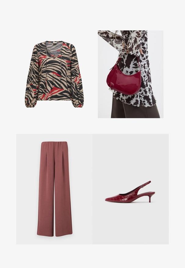Blouse met lange mouwen met beige, zwarte en rode zebraprint, V-hals met bindkoorden en geplooide manchetten op een witte achtergrond.; Wijde broekspijpen van textuurrijk stof in stofroze met een elastische tailleband en plooien aan de voorkant, afgebeeld tegen een effen achtergrond.; Bordeaux lederen slingback pump met krokodillenstructuur, puntige neus, verstelbare gesp en lage kittenhak op een witte achtergrond.; Vrouw met een zwart-wit gebloemde blouse houdt een glanzende rode schoudertas vast tegen een effen achtergrond.