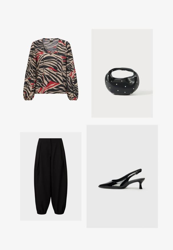 Blouse met lange mouwen met beige, zwarte en rode zebraprint, V-hals met bindkoorden en geplooide manchetten op een witte achtergrond.; Loszittende zwarte broek met wijde pijpen, geplooid voorpand en elastische boorden bij de enkels, getoond op een effen lichte achtergrond.; Zwarte lakleren slingback schoenen met een spitse neus en een lage blokhak. Verstelbare gespband bij de enkel.; Zwarte leren handtas met een afgeronde vorm, versierd met zilveren studs, en een korte handgreep. Gladde textuur en ritsluiting.