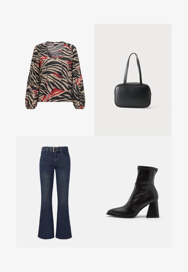 Blusa de manga larga con estampado de cebra en beige, negro y rojo, escote en V con cordones y puños fruncidos sobre un fondo blanco.; Jeans acampanados de cintura alta en azul oscuro con bolsillos delanteros y un cinturón a juego con ojales metálicos y hebilla rectangular.; Botín negro de cuero suave, con punta afilada, puño elástico en el tobillo y tacón apilado y texturizado.; Bolso rectangular negro con dos asas largas y cierre de cremallera sobre un fondo claro y liso.