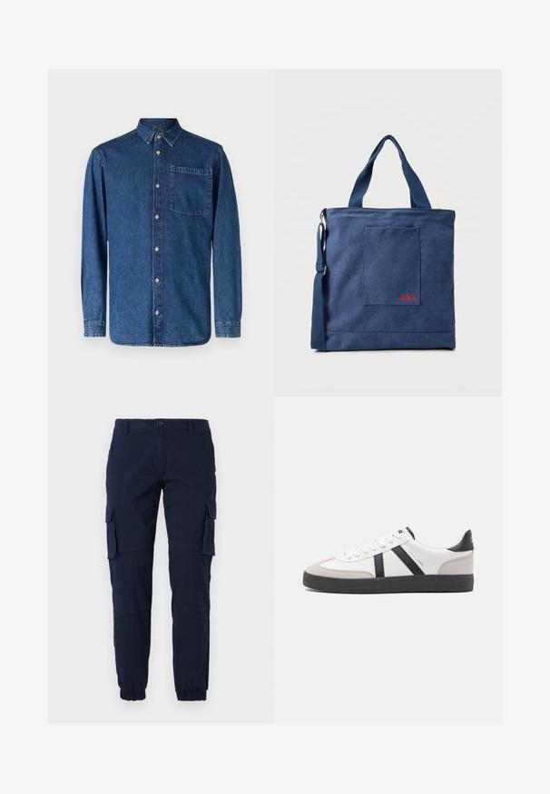 Dunkelblaue Denim-Hemden mit langen Ärmeln, mit durchgehender Knopfleiste, klassischem Kragen, einer Brusttasche und Knopfmanschetten.; Marine Cargo-Hosen mit elastischen Bündchen, mehreren Seitentaschen und einem Reißverschluss. Hergestellt aus einem strapazierfähigen Stoff mit glatter Textur.; Weiße Sneaker mit schwarz- und grau-aczenten, ausgestattet mit einer strukturierten grauen Zehenkappe, schwarzer Gummi-Sohle und flachen weißen Schnürsenkeln. Sauberes Design, minimalistische Stil.; Blauer Canvas-Einkaufstasche mit Vordertasche und roter "O.N.S" Stickerei, ausgestattet mit zwei Griffen und einem verstellbaren Schulterriemen.