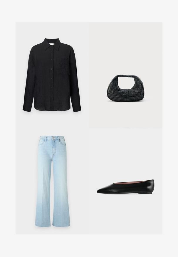 Schwarze Hemd mit Knopfleiste, strukturiertem Muster, spitzem Kragen, langen Ärmeln und einer Brusttasche. Hergestellt aus leichtem Material.; Hellblaue Jeans mit hoher Taille und weitem Bein, vorne mit Knöpfen, Reißverschluss und Taschen, auf weißem Hintergrund dargestellt.; Schwarzer flacher Damenleder-Schuh mit spitzer Kappe und niedrigem Absatz, von der Seite auf einfarbigem hellgrauem Hintergrund gezeigt.; Schwarze gewebte Hobo-Tasche mit weicher Struktur und integriertem Griff, dargestellt vor einem schlichten hellen Hintergrund.