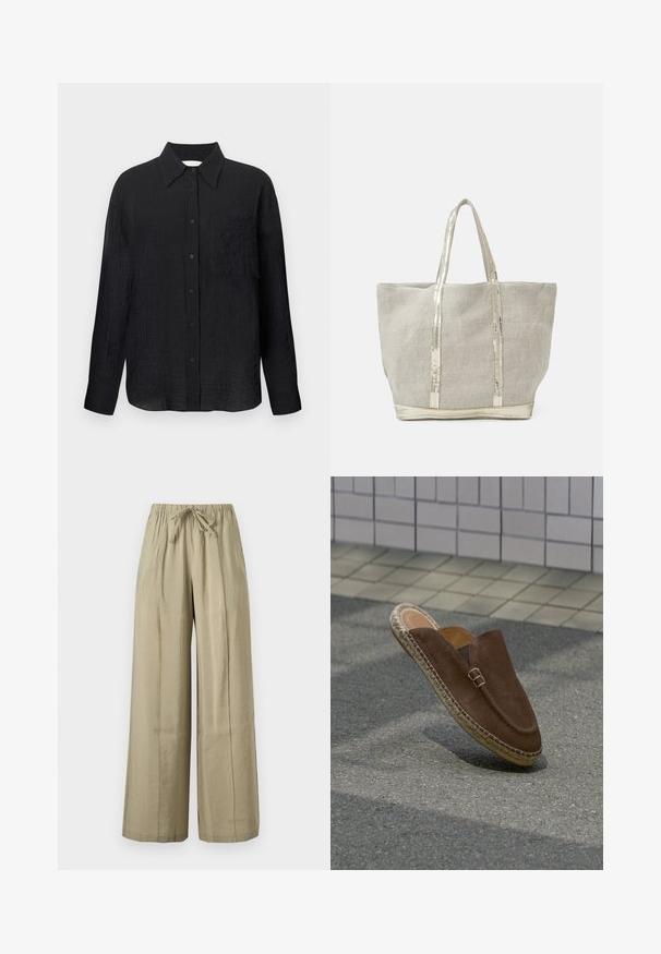 Camisa negra de botones con un patrón texturizado, cuello puntiagudo, mangas largas y un bolsillo en el pecho. Fabricada con tela ligera.; Pantalones beige de pierna ancha con cintura elástica y lazada frontal, hechos de tela ligera para uso casual.; Mocasín marrón de ante sin cordones con suela de yute tejido flotando sobre el asfalto cerca de una pared de azulejos.; Vanessa Bruno CABAS - Bolso shopping - sable