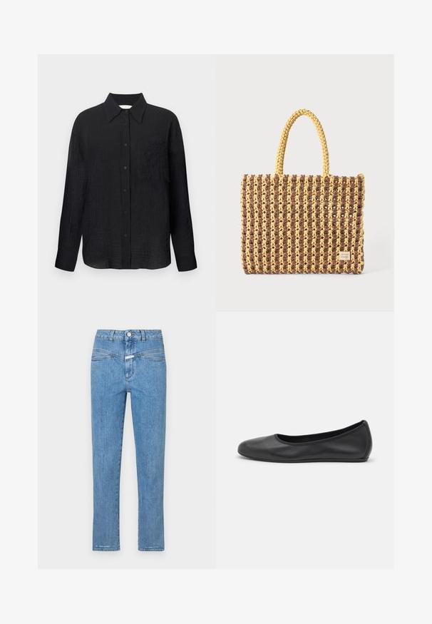 Schwarze Hemd mit Knopfleiste, strukturiertem Muster, spitzem Kragen, langen Ärmeln und einer Brusttasche. Hergestellt aus leichtem Material.; Helle blaue Jeans aus Denim mit geradem Bein, fünf Taschen und einem Knopfverschluss. Sie weisen eine leicht ausgebleichte Textur und minimalen Nähten auf.; Schwarze Leder-Ballettschuhe mit abgerundeter Spitze, glatter Textur, minimalen Nähdetails und einem flexiblen Sohlen-Design.; Gewebte Tasche in Braun und Gelb, mit rechteckiger Form, zwei Tragriemen und einer strukturierten Oberfläche mit sichtbaren Nähten und einem Markenschild.