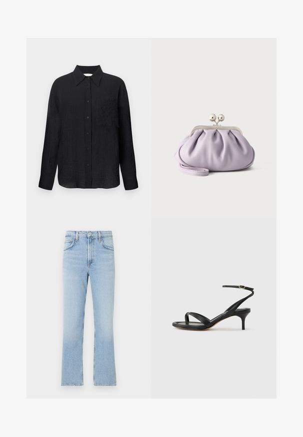 Schwarze Hemd mit Knopfleiste, strukturiertem Muster, spitzem Kragen, langen Ärmeln und einer Brusttasche. Hergestellt aus leichtem Material.; Hellblaue Denim-Jeans mit geradem Bein, hohem Bund und sanften Ausbleichungen. Verfügt über klassisches Fünf-Taschen-Design und einen Reißverschluss.; Schwarze Ledersandale für Damen mit dünnen Riemchen, einer Zehenlasche, einer Knöchelschnalle und einem mittelhohen Stöckelabsatz vor neutralem Hintergrund.; Weiche Lavendel-Clutch mit gerafftem Stoff, silbernem Kiss-Lock-Verschluss und passendem Handgelenksriemen auf hellem einfarbigem Hintergrund.