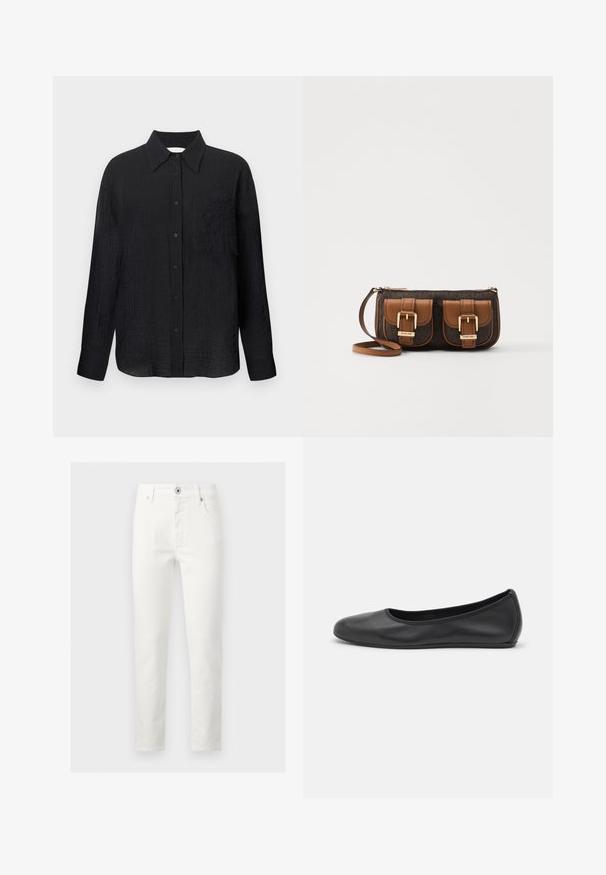 Zwarte overhemd met knopen, voorzien van een gestructureerd patroon, puntige kraag, lange mouwen en een borstzak. Gemaakt van lichtgewicht stof.; Witte slim-fit jeans voor heren met knopen en rits, voor- en achterzakken, getoond tegen een grijze achtergrond.; Zwarte leren ballerina met een ronde neus, gladde textuur, minimale stikdetails en een flexibele zoolontwerp.; Brown gestippelde handtas met twee voorzakken, gouden hardware en een enkele schouderriem. Voorzien van een ritsluiting en leren accenten.