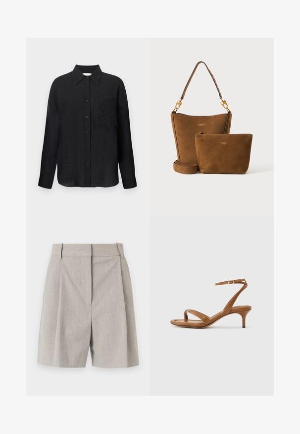 Schwarze Hemd mit Knopfleiste, strukturiertem Muster, spitzem Kragen, langen Ärmeln und einer Brusttasche. Hergestellt aus leichtem Material.; By Malene Birger POVILLE - Shorts - grey brown; Braune Leder-Riemchensandale mit niedrigem Kitten-Heel und einem Knöchelriemen mit kleiner Schnalle, seitlich auf neutralem Hintergrund dargestellt.; Braune Wildleder-Beuteltasche mit abnehmbarem Riemen und passender kleiner Reißverschlusstasche, beide mit goldfarbenen Beschlägen und dezentem Markenlogo.