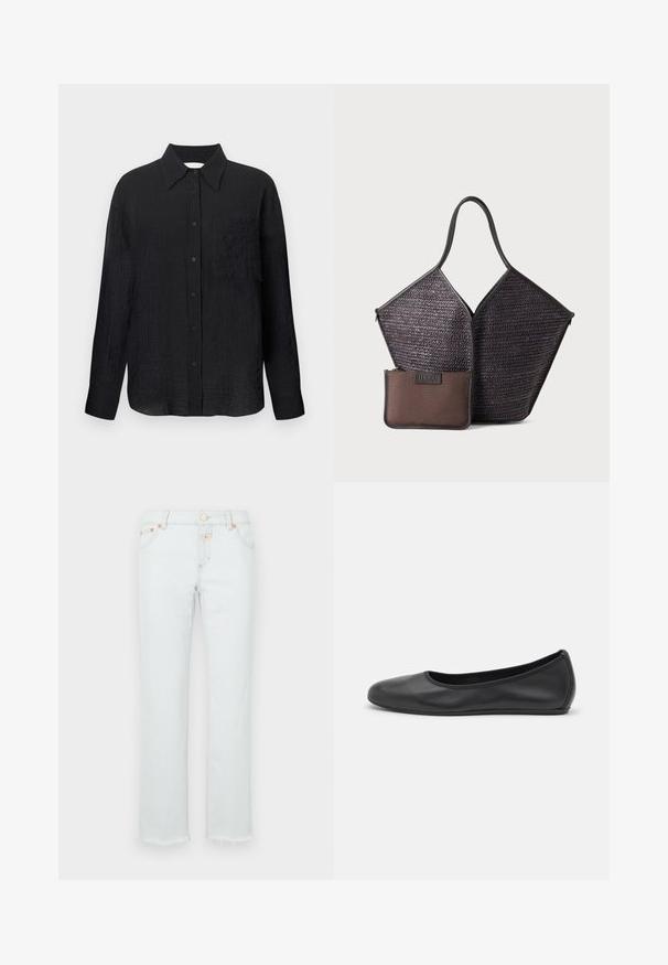 Schwarze Hemd mit Knopfleiste, strukturiertem Muster, spitzem Kragen, langen Ärmeln und einer Brusttasche. Hergestellt aus leichtem Material.; Helle Denim-Jeans mit geradem Bein, einem ausgefransten Saum, kupferfarbenen Hardware-Elementen und einem Fünf-Taschen-Design.; Schwarze Leder-Ballettschuhe mit abgerundeter Spitze, glatter Textur, minimalen Nähdetails und einem flexiblen Sohlen-Design.; Hereu CALELLA - Shopping Bag - dark brown