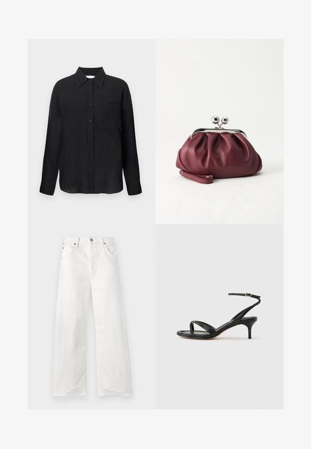 Schwarze Hemd mit Knopfleiste, strukturiertem Muster, spitzem Kragen, langen Ärmeln und einer Brusttasche. Hergestellt aus leichtem Material.; Weiße weit geschnittene Jeans aus Denim mit hoher Taille, vorderen Taschen und fransigen Säumen.; Schwarze Ledersandale für Damen mit dünnen Riemchen, einer Zehenlasche, einer Knöchelschnalle und einem mittelhohen Stöckelabsatz vor neutralem Hintergrund.; Kleine burgunderrote Lederclutch mit silbernem Metallverschluss und Handgelenksriemen auf weißem Hintergrund.