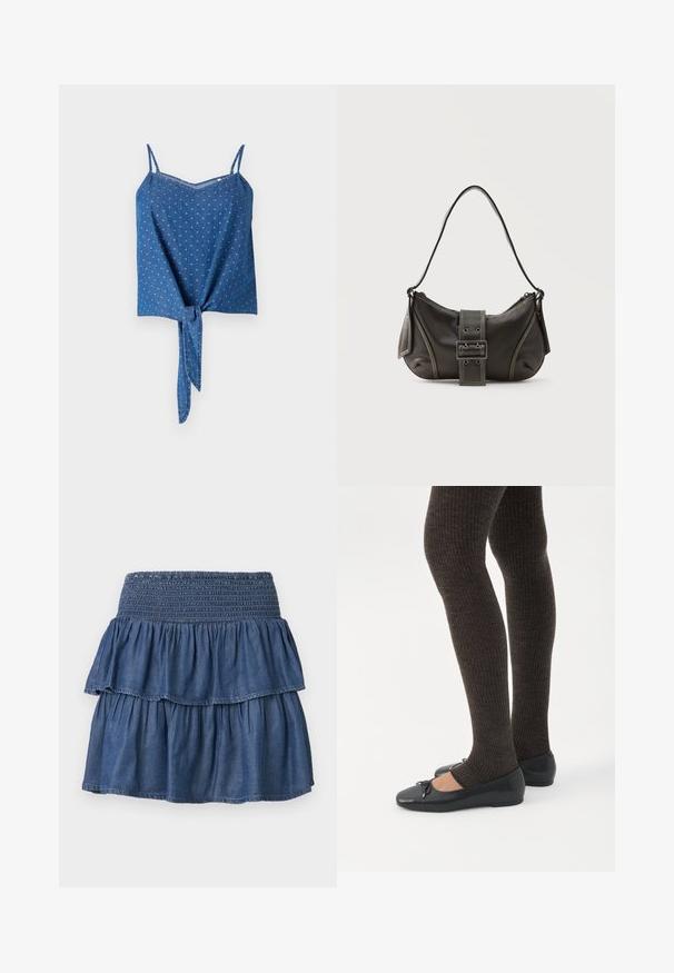 Blauwe denim top met verstelbare spaghettibandjes, textuurstof, een V-halslijn en een gestrikt voorpaneel. Heeft een subtiel gestippeld patroon.; Blauwe gelaagde denimrok met brede geplooide tailleband en twee geplooide lagen op een effen achtergrond.; Benen met donkere geribbelde leggings gecombineerd met zwarte ballerina's met kleine strikdetails op een witte achtergrond.; Zwarte leren schoudertas met gespsluiting aan de riem, afgeronde hoeken en contrasterende witte stiksels op een effen achtergrond.