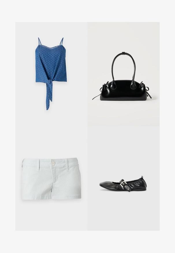 Blauwe denim top met verstelbare spaghettibandjes, textuurstof, een V-halslijn en een gestrikt voorpaneel. Heeft een subtiel gestippeld patroon.; Lichtblauwe en witte gestreepte katoenen korte broek met knoopsluiting, ceintuurlussen en voorzakken op een witte achtergrond.; Zwarte leren platte schoen met een spitse neus, geplooide details rond de opening en een zilveren gespaccentueerde verstelbare band.; Kleine zwarte glanzende handtas met twee lange hengsels en zijkant trekkoord details op een effen lichte achtergrond.