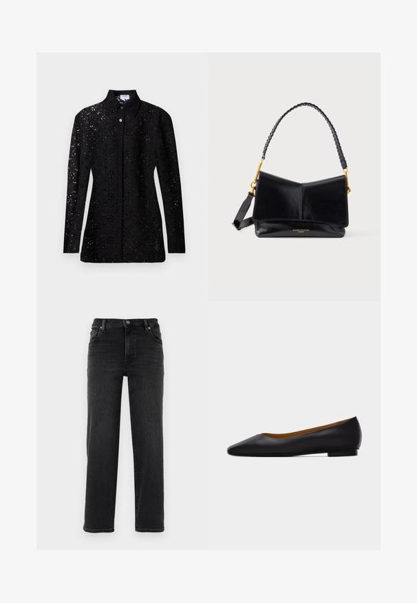 Black long-sleeve lace blouse with floral cutout pattern, buttoned front, and pointed collar, displayed on plain background.; Black denim jeans with a straight-leg fit. Features a button closure, five-pocket design, and minimal stitching details. Smooth texture.; Black leather pointed-toe flat shoe with low heel and smooth finish, shown from side on a light gray background.; Black leather handbag with a braided strap, folded design, gold hardware accents, and embossed brand logo at the bottom.