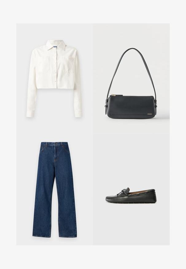 Chemise blanche coupée en coton, dotée de manches longues, d'un col pointu, de deux poches avant et d'un logo en forme de cœur sur la poche gauche.; Jean large en denim bleu foncé avec un design classique à cinq poches. Présente des coutures contrastées et une fermeture par bouton à l'avant.; Bateau en cuir noir avec un bout arrondi, des détails de couture, un petit accent en nœud et une semelle en caoutchouc. Texture lisse et design épuré.; Sac à bandoulière rectangulaire en cuir noir avec fermeture éclair dorée et petit logo "HUGO" doré sur le devant, doté d'une sangle réglable avec boucle.