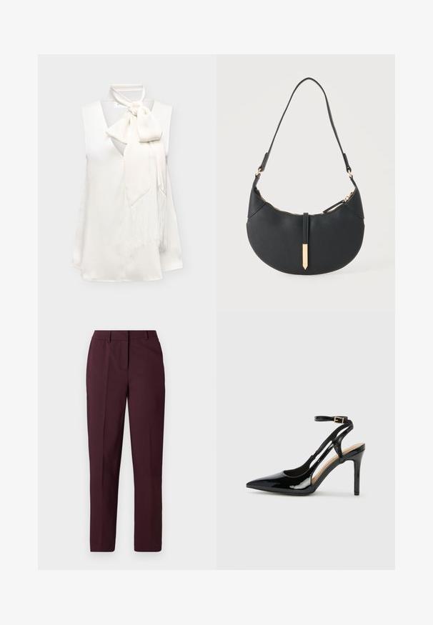 Blouse blanche en satin sans manches avec un profond décolleté en V et un grand nœud de cravate orné de longues franges sur un côté.; Pantalon droit bordeaux avec une texture lisse, présentant un devant plat et sans poches visibles. Coupe ajustée avec une coupe classique.; Escarpin en cuir verni noir à talon haut, avec un bout pointu, une bride réglable à la cheville et des côtés ouverts. Texture lisse.; Sac à main noir en forme de croissant avec une bandoulière unique, une fermeture éclair dorée et une languette décorative rectangulaire dorée à l'avant.