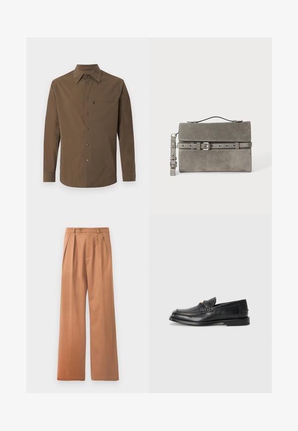 Chemise marron à manches longues avec un col classique, des boutons-pression sur le devant, et une poche poitrine zippée sur le côté gauche.; Pantalons larges beiges avec une taille plate, des plis et une fermeture à un bouton à la taille. Texture lisse et design longueur complète.; Des mocassins en cuir noir présentent un bout arrondi, des détails cousus et un petit accent doré à l'avant. La semelle est plate et discrète.; Pochette rectangulaire en daim gris avec poignée supérieure, bandoulière détachable et détail de ceinture à boucle argentée sur le rabat avant.