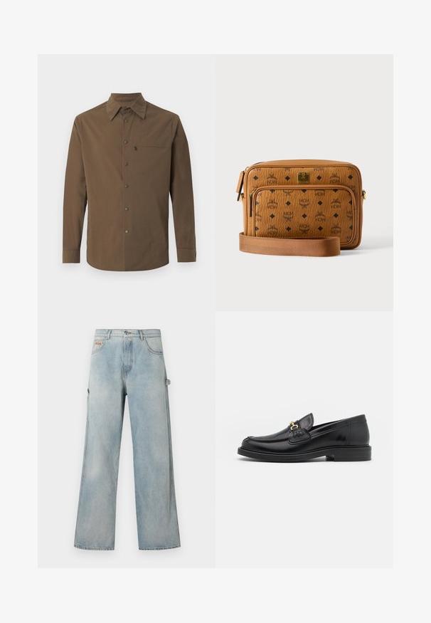 Chemise marron à manches longues avec un col classique, des boutons-pression sur le devant, et une poche poitrine zippée sur le côté gauche.; Pantalon en jean bleu clair à jambes larges avec cinq poches, fermeture à boutons et une boucle sur le côté droit pour outils ou accessoires.; Mocassins en cuir noir avec un embout rond, présentant des accents en métal doré et des détails de couture, montés sur une semelle en caoutchouc texturé et basse.; Sac bandoulière en cuir fauve avec logos MCM noirs, poche avant zippée, plaque dorée et sangle en tissu réglable sur fond blanc.