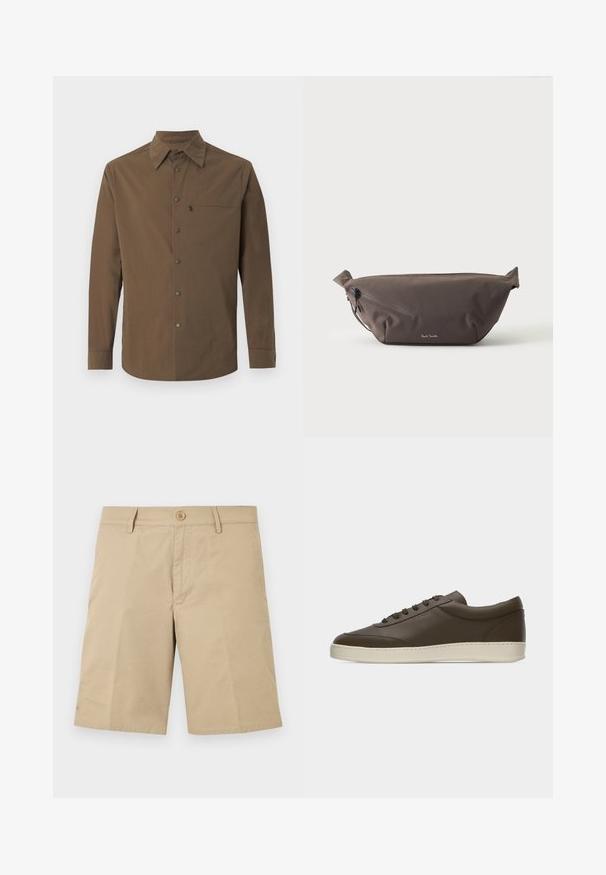 Chemise marron à manches longues avec un col classique, des boutons-pression sur le devant, et une poche poitrine zippée sur le côté gauche.; Shorts beiges mi-cuisse avec passants de ceinture, bouton à l'avant et fermeture éclair, présentés à plat sur un fond blanc.; Baskets basses en cuir marron foncé avec lacets sur le devant et semelle en caoutchouc couleur crème, vues de côté extérieur sur fond blanc.; Sac banane en tissu marron foncé avec poche zippée en diagonale et petit logo blanc sur le devant, sur un fond clair uni.
